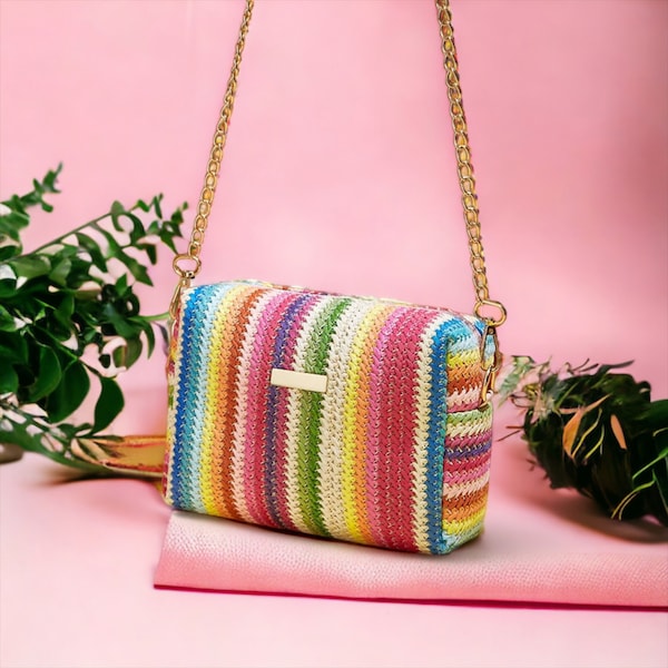 mini sac multicolore, tricot fait main, mini sac à bandoulière, sac de tous les jours, tricot fait main, modèle de sac au crochet, sac bandoulière, sac bandoulière, crochet facile.