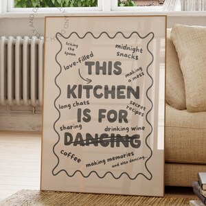 This Kitchen is for Dancing Print Trendy Retro Minimalist Wine Wall Art Funny Girls Apartment Decor Cute Cafe Coffee Poster Hygge Printable