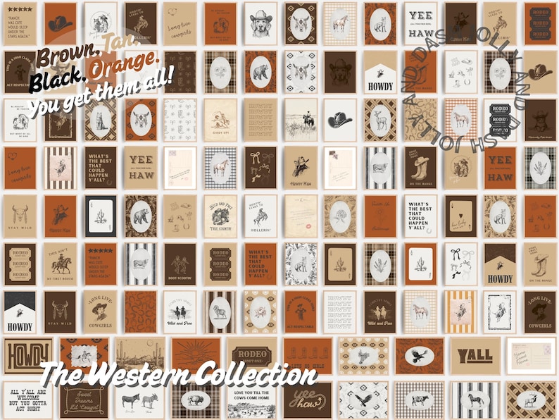 May include: A collection of Western-themed cards in shades of brown, tan, orange, and black. The cards feature illustrations of cowboys, horses, and other Western motifs. Text on the cards includes "Howdy," "Yee Haw," and "The Western Collection."