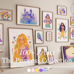 May include: A collection of framed art prints featuring illustrations of princesses, castles, and floral designs. The prints are in various sizes and colors, with the text "100+ Prints The Princess Collection".