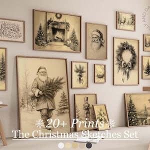May include: A collection of framed Christmas sketches in sepia tones, including images of Santa Claus, Christmas trees, wreaths, and winter scenes. The set includes over 20 prints, creating a festive wall display.