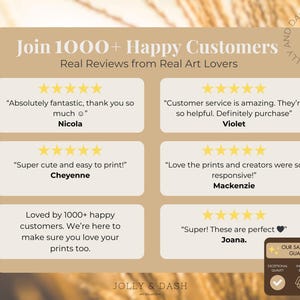 May include: A tan graphic with customer reviews and star ratings. Text includes "Join 1000+ Happy Customers" and "Real Art Lovers." Reviews are from Nicola, Violet, Cheyenne, Mackenzie, and Joana. A satisfaction guarantee badge is at the bottom.