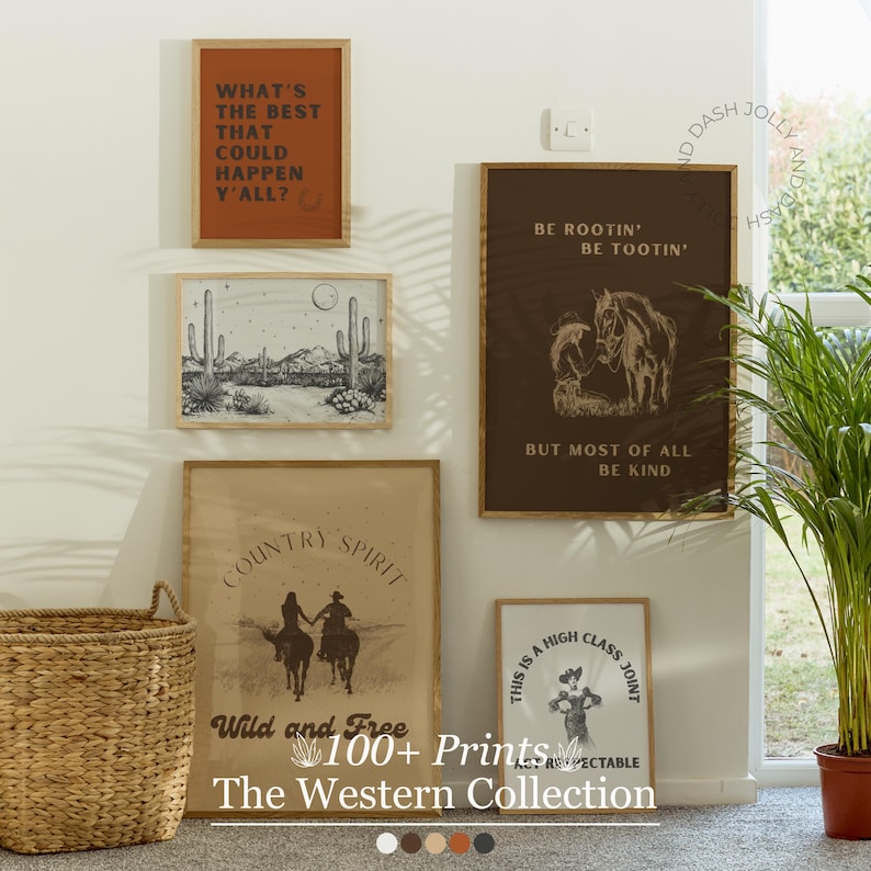 May include: A collection of framed art prints with a Western theme. The prints feature desert landscapes, cowboys, horses, and inspirational quotes. The color palette includes browns, tans, and whites. The text "The Western Collection" is visible.