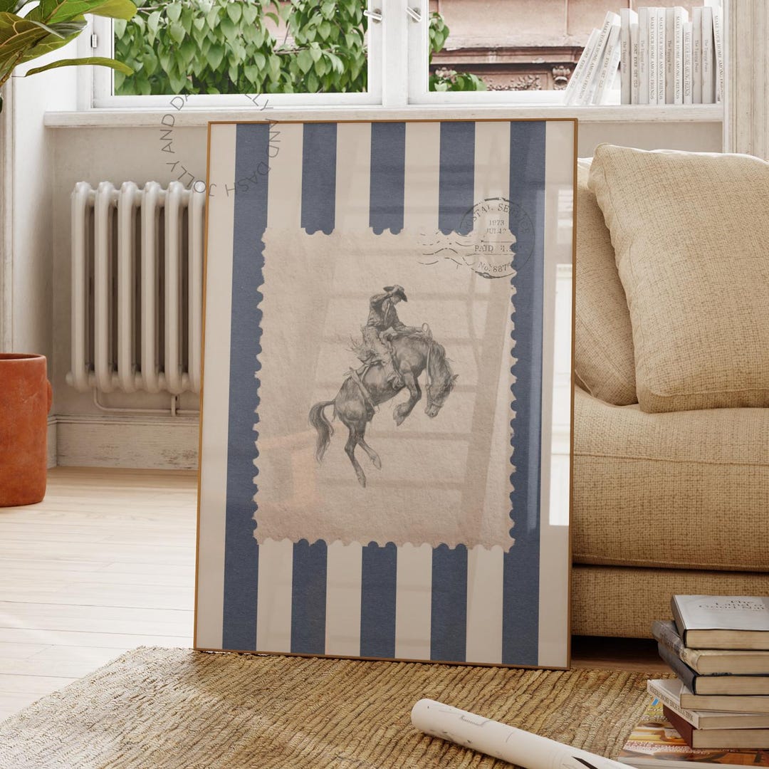 Rodeo Cowboy Bronco Horse Print Western Wall Art Navy Stripe Vintage ...