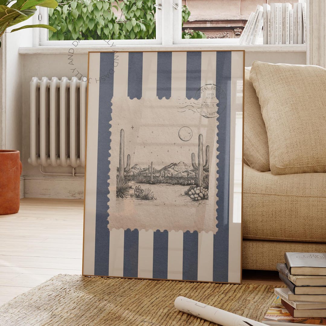 Cactus Desert Sketch Western Wall Art Navy Stripes Cowboy Vintage ...