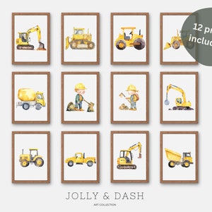 Cute Construction Vehicle Prints Boys Bedroom Decor Playroom Truck Posters Toddler Wall Art Excavator Bulldozer Nursery Name Sign Printables