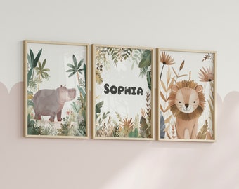 Adorable Safari Nursery Prints Set - Perfect Baby Shower Gift - Personalized Baby Gifts, Jungle Animal Nursery Wall Art, Baby Name Sign