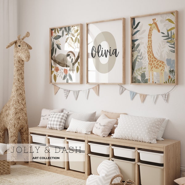 Custom Safari Nursery Decor | Nursery Name Sign | Set of 3 Jungle Animal Nursery Decor Wall Art Print | Personalized Baby Gifts | Elephant