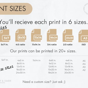 May include: Print size options are displayed, including 5x7 inches, 8x10 inches, 11x14 inches, 18x24 inches, 20x30 inches, and A3. The image shows various print sizes available, with a note indicating prints can be made in 20+ sizes.