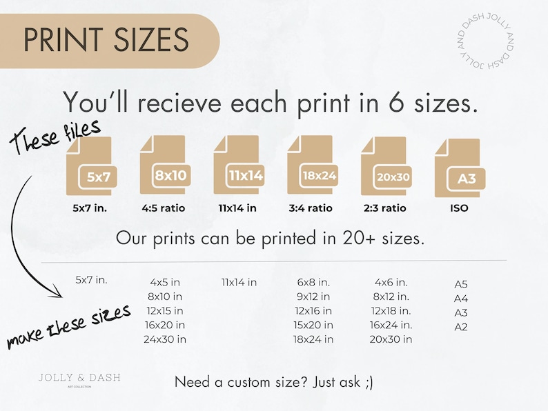 May include: Print size options are displayed, including 5x7 inches, 8x10 inches, 11x14 inches, 18x24 inches, 20x30 inches, and A3. The image shows various print sizes available, with a note indicating prints can be made in 20+ sizes.