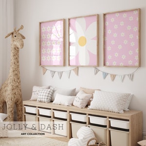 Cute Daisy Girls Bedroom Prints Set Of 3 Floral Boho Nursery Wall Art Pastel Pink Girly Room Decor Flower Playroom Posters Baby Shower Gift