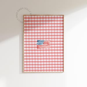 Red Gingham American Flag Wall Art Check Pattern Patriotic Print Coastal Granddaughter Cape Cod Beach House Decor East Coast Preppy Poster