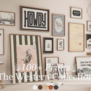 Retro Western-themed gallery wall art set in shades of brown, tan, orange, black, and white featuring cowgirl, cowboy, and rustic desert-inspired prints by Jolly and Dash.