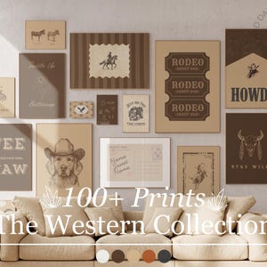 Retro Western-themed gallery wall art set in shades of brown, tan, orange, black, and white featuring cowgirl, cowboy, and rustic desert-inspired prints by Jolly and Dash.
