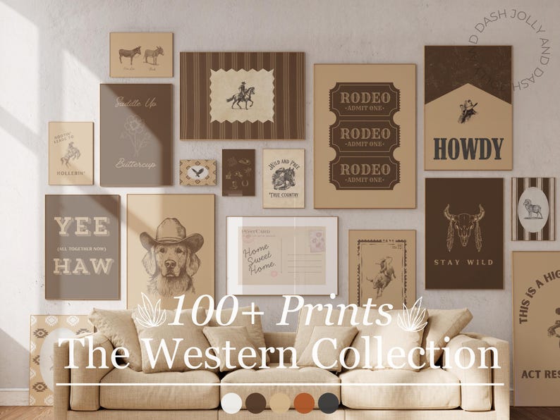 Retro Western-themed gallery wall art set in shades of brown, tan, orange, black, and white featuring cowgirl, cowboy, and rustic desert-inspired prints by Jolly and Dash.