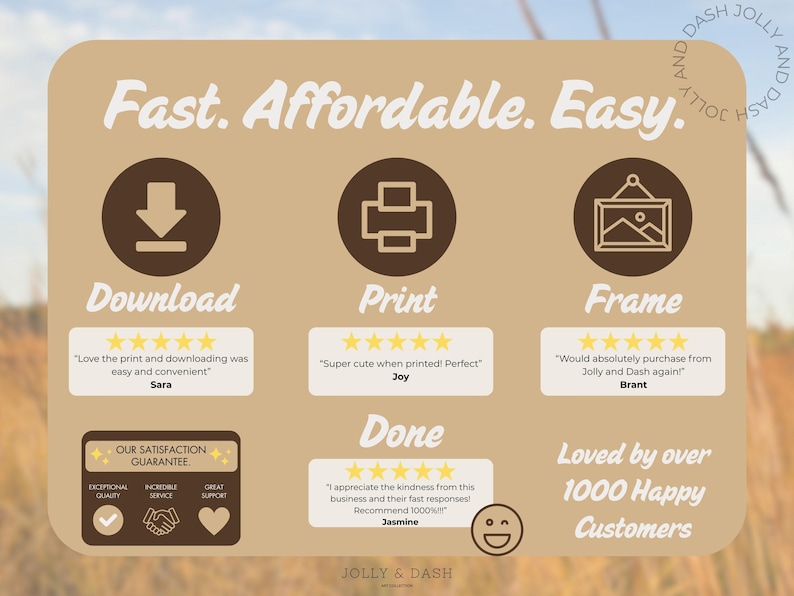 May include: A tan graphic with the words "Fast. Affordable. Easy." and icons for download, print, and frame. Customer reviews and a satisfaction guarantee are also displayed. The text "Loved by over 1000 Happy Customers" is also visible.