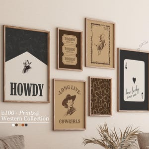 Retro Western-themed gallery wall art set in shades of brown, tan, orange, black, and white featuring cowgirl, cowboy, and rustic desert-inspired prints by Jolly and Dash.