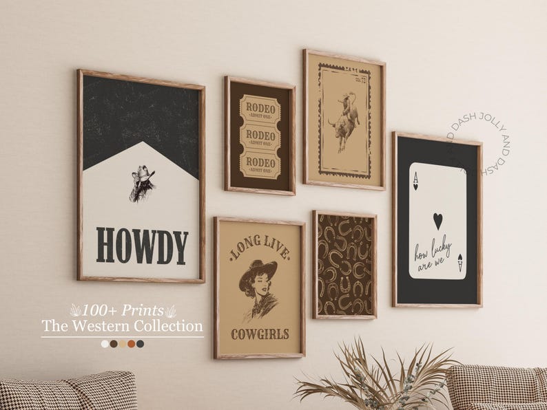 Retro Western-themed gallery wall art set in shades of brown, tan, orange, black, and white featuring cowgirl, cowboy, and rustic desert-inspired prints by Jolly and Dash.