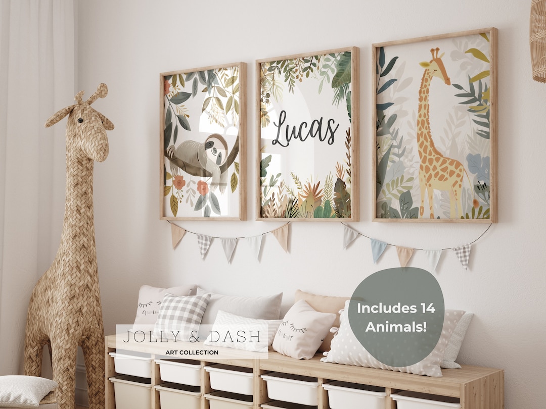 Safari Nursery Wall Art, Boys Bedroom Prints, Custom Name Sign, Jungle ...
