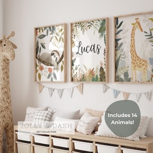 Safari Nursery Decor | Nursery Name Sign | Set of 3 Jungle Animal Nursery Decor Wall Art Print | Personalized Baby Gifts | Sloth | Elephant