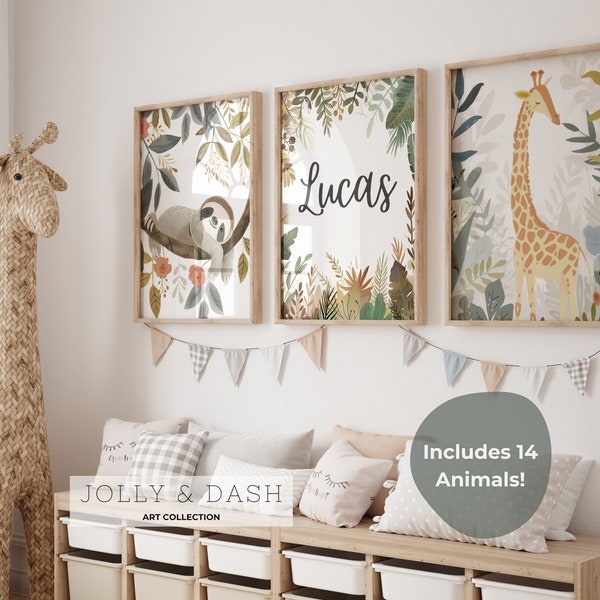 Décoration Safari pour chambre de bébé | prénom pour chambre d'enfant | Lot de 3 impression d'art mural déco chambre d'enfant animaux de la jungle | Cadeaux bébé personnalisés | Paresseux | Éléphant