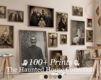 May include: A collection of framed vintage prints with a haunted house theme. The images include portraits of a clown, Frankenstein, and other spooky figures. The wall art is labelled "100+ Prints The Haunted House Collection."
