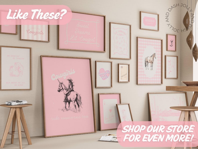 May include: A collection of framed art prints in various sizes, featuring a pink and white color scheme. The prints include text and illustrations of horses, hearts, and the word "Cowgirls". The wall art is displayed in a room setting.