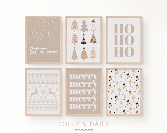 Pode incluir: Seis impressões de arte emolduradas com tema natalino. As impressões apresentam textos como "Let it snow" e "Merry", juntamente com imagens de árvores de Natal, flocos de neve e padrões festivos. A arte é em tons neutros.