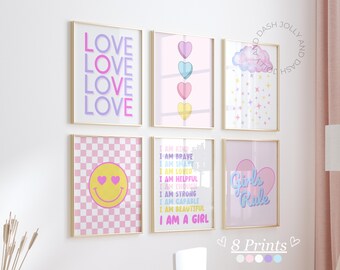 Cute Girls Bedroom Prints Trendy Gallery Wall Art Set Colorful Playroom Posters Retro Smiley Nursery Decor Kids Room Affirmation Printables
