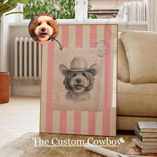 Personalized Dog Cowboy Sketch Portrait Custom Pet Drawing Print Vintage Western Wall Art Gift Rustic Cowgirl Stripe Decor Poster Digital