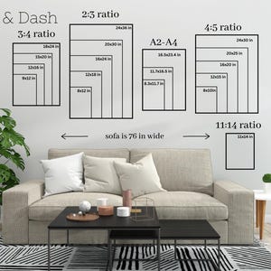 May include: Image showing various print sizes and ratios, including 3:4, 2:3, 4:5, and 11:14, with dimensions in inches. The text "Jolly & Dash" is at the top. A sofa, coffee table, and rug are in the foreground, with a plant and side table.