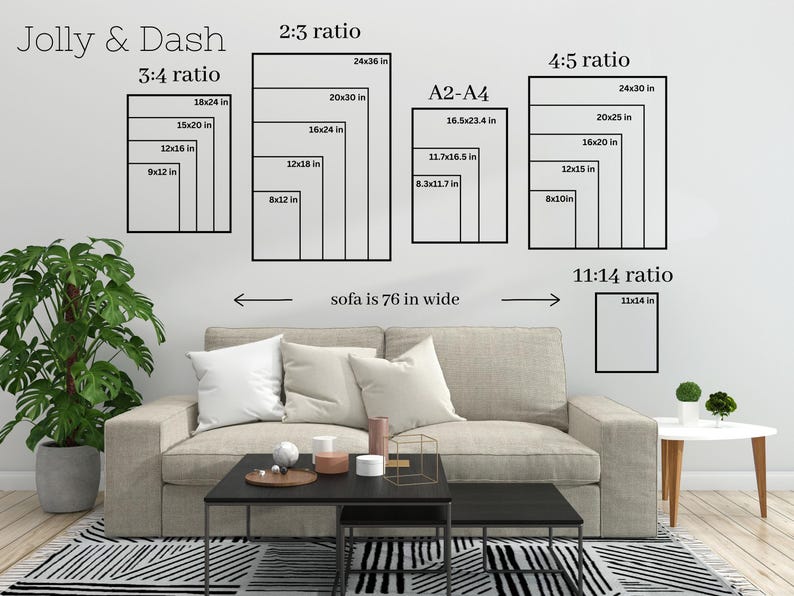 May include: Image showing various print sizes and ratios, including 3:4, 2:3, 4:5, and 11:14, with dimensions in inches. The text "Jolly & Dash" is at the top. A sofa, coffee table, and rug are in the foreground, with a plant and side table.