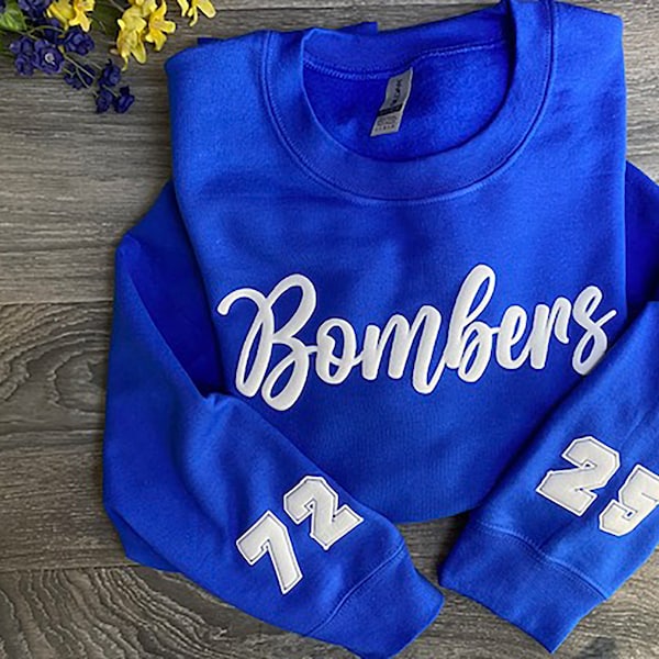 CUSTOM Team Sweatshirt, embossed puff, Custom Team Name Sweatshirt, Mascot, School Spirit, Varsity Team, number on sleeve, team tee shirt