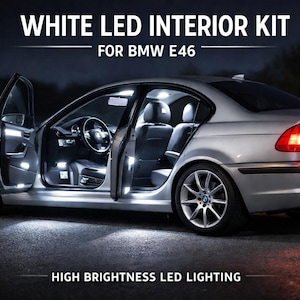 Peut inclure: Une berline BMW E46 argentée, portes ouvertes, révélant un éclairage intérieur à LED blanc vif. L'image affiche le texte "WHITE LED INTERIOR KIT" et "HIGH BRIGHTNESS LED LIGHTING".