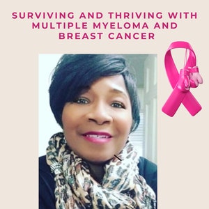 Könnte beinhalten: Das Bild zeigt eine Frau mit schwarzen Haaren und einem gemusterten Schal. Der Text lautet "Beyond The Diagnosis" und "Surviving and Thriving with Multiple Myeloma and Breast Cancer." Ein rosa Band mit Boxhandschuhen ist ebenfalls abgebildet.