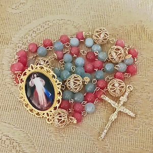 Divine Mercy Rosary Crown in Aquamarine and Rhodochrosite