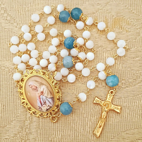 Mother-of-pearl and angelite rosary Maria Rosa mystica