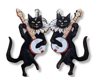 Feline Serenade   Banjo Playing Cat Earrings  Musically Gifted  Acrylic  Earrings.