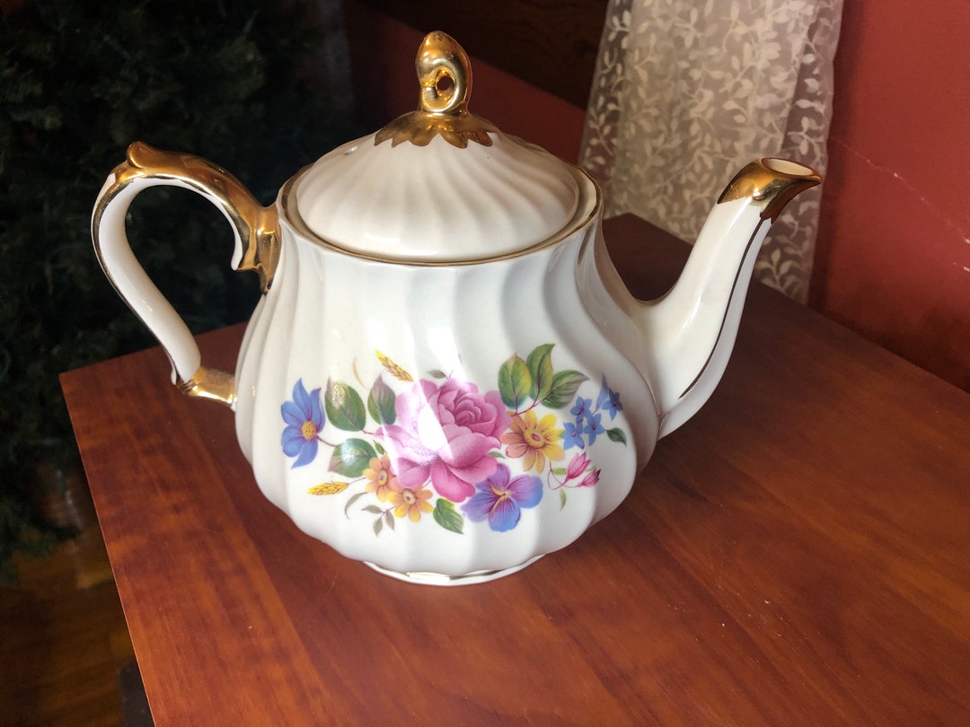 Vintage Sadler Teapot Hand Numbered Pink and Yellow Roses Gold Trim