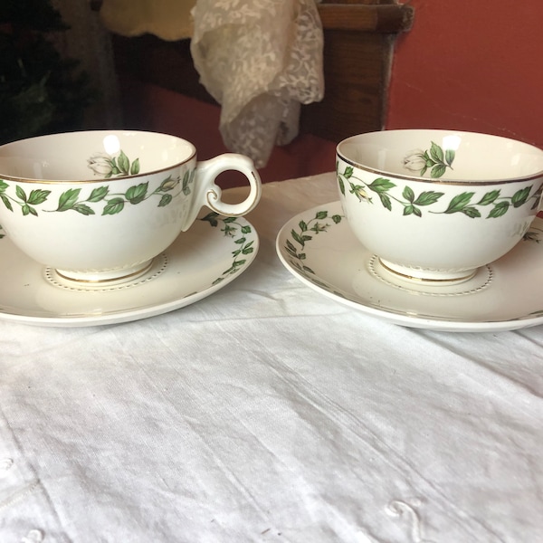 Hall China Cameo Rose Teacup and Saucer Set White Rose set of two Mary Dunbar