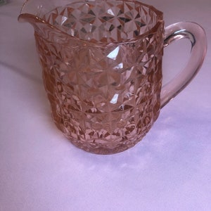 Jeanette Glass Pink Medium Milk Pitcher Holiday Buttons and Bows c 1947