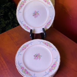 May include: Two white ceramic plates with a floral design. The plates have a scalloped edge with pink roses, blue accents, and a gold rim. A small bouquet of pink flowers is in the center of each plate. The plates are stacked on a black metal stand.