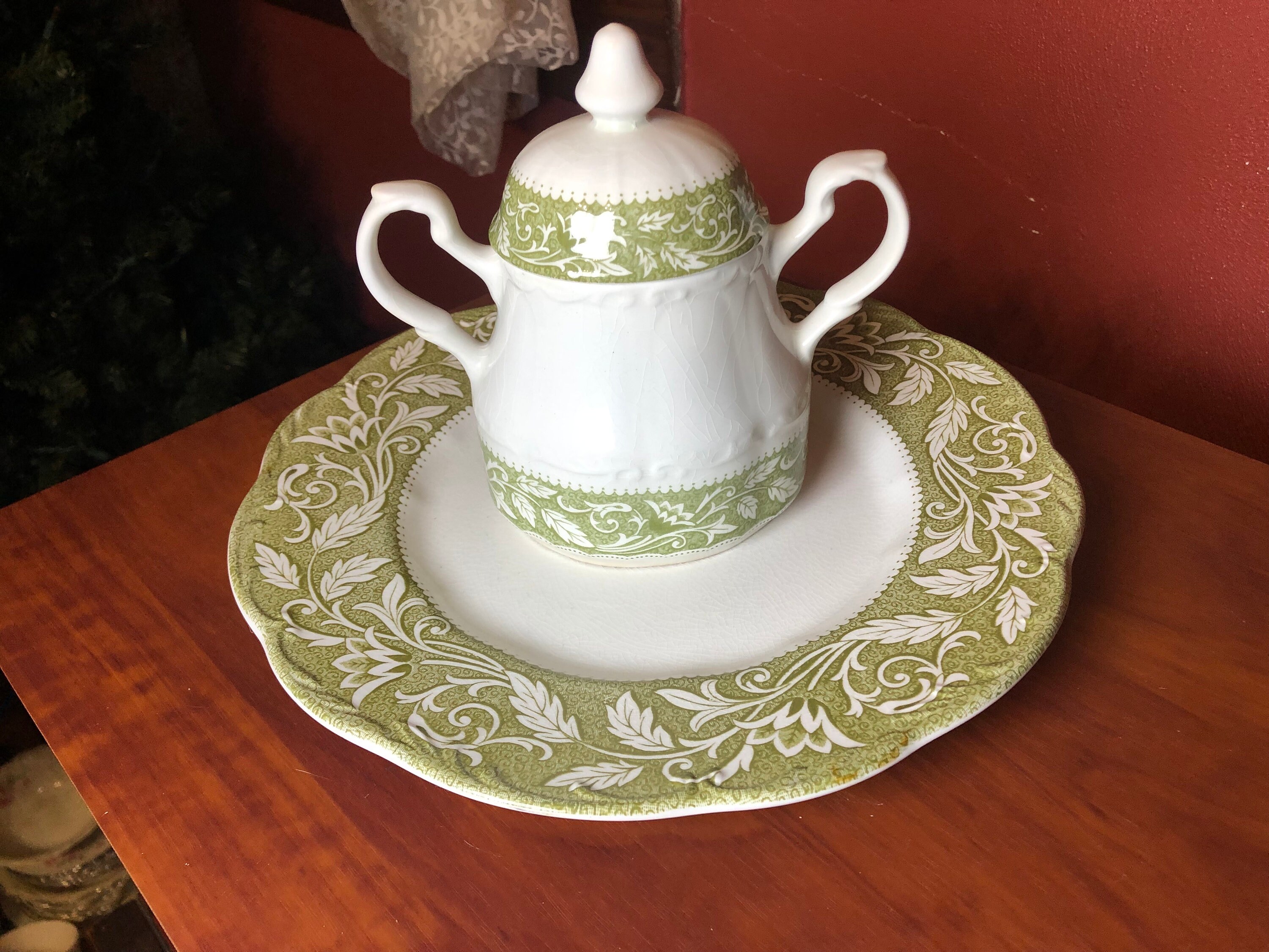 J & G Meakin Ironstone Sterling Rennaissance Dinner Plate and Sugar Bowl Hand Engraving English Staffordshire Green Leaf Florals C 1950s