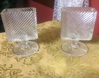 Set of Two Geometric Antique Clear Glass Vase Or Cigarette Package holder? Antique c 1940 Art Deco