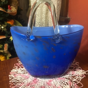 Murano Styled Handblown art deco glass basket blue with gold flecks Glass Purse pocketbook vase