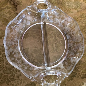 Cambridge Rose Point Two part handled relish clear glass dish