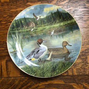 May include: A decorative ceramic plate featuring a painting of two ducks in a lake setting. The plate has a gold rim and a green and brown background with a small cabin in the distance.