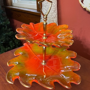 Retro 1960-1970 California Pottery Tidbit Two Tiered Tray. Fall Maple Leaf orange Thanksgiving decor