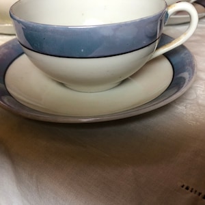 Vintage Set of Five Teacup and Saucer Set Japanese Eggshell Porcelain Lusterware styled purple blue color
