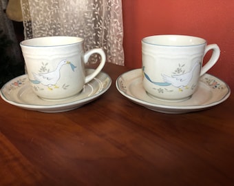 Marmalade Geese Goose Duck Japanese Stoneware Mug and saucer Set of Two 1980’s Vintage